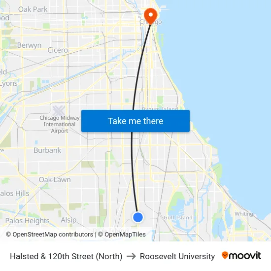 Halsted & 120th Street (North) to Roosevelt University map