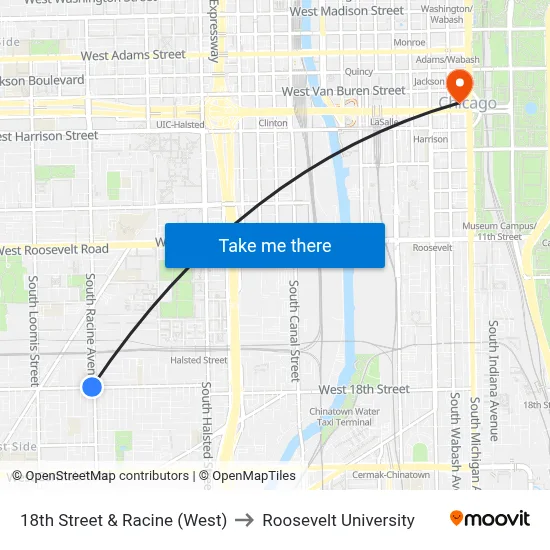 18th Street & Racine (West) to Roosevelt University map