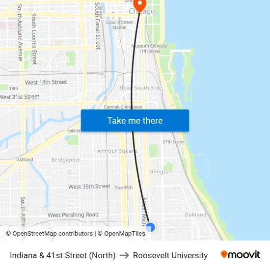Indiana & 41st Street (North) to Roosevelt University map