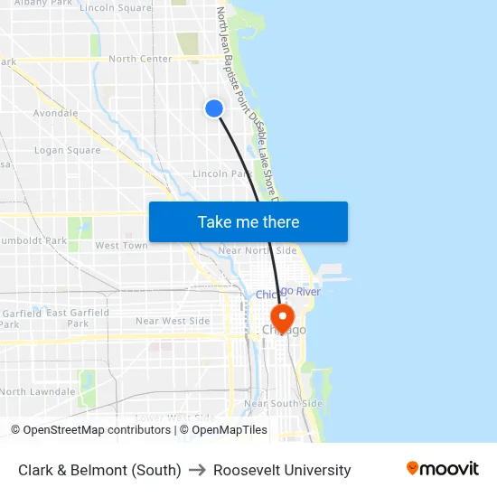 Clark & Belmont (South) to Roosevelt University map