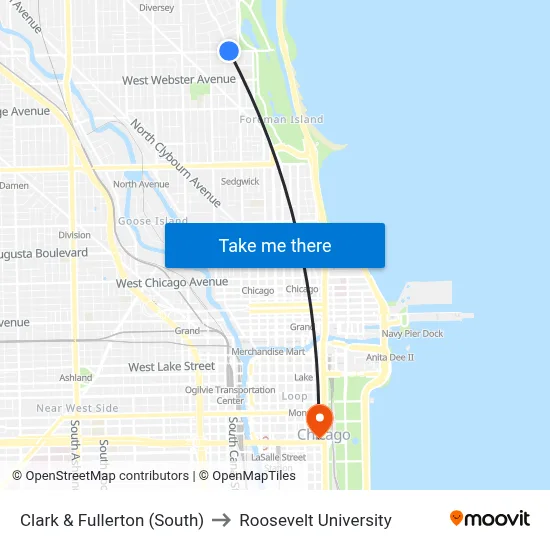 Clark & Fullerton (South) to Roosevelt University map