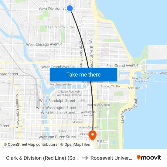 Clark & Division (Red Line) (South) to Roosevelt University map