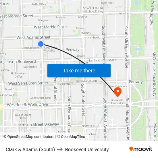 Clark & Adams (South) to Roosevelt University map