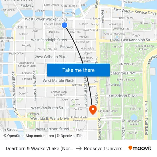 Dearborn & Wacker/Lake (North) to Roosevelt University map