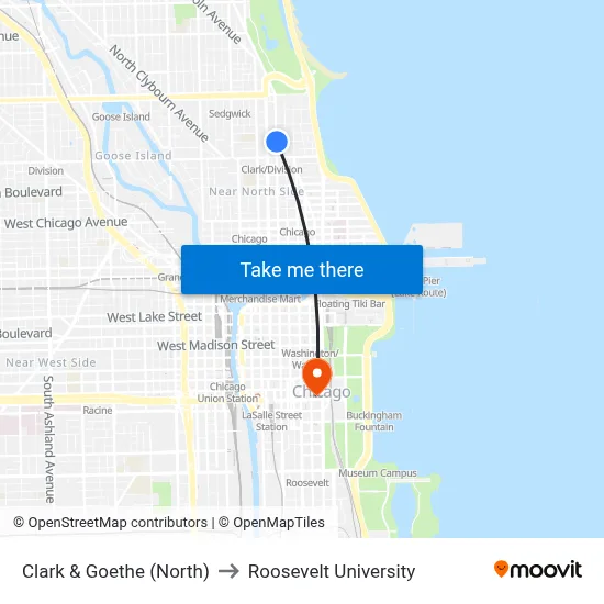 Clark & Goethe (North) to Roosevelt University map