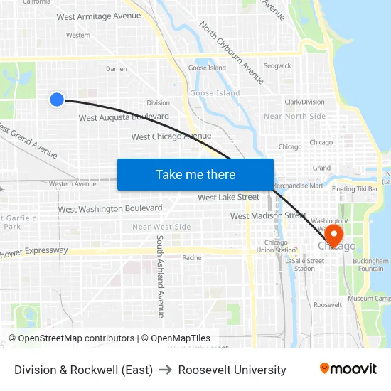Division & Rockwell (East) to Roosevelt University map