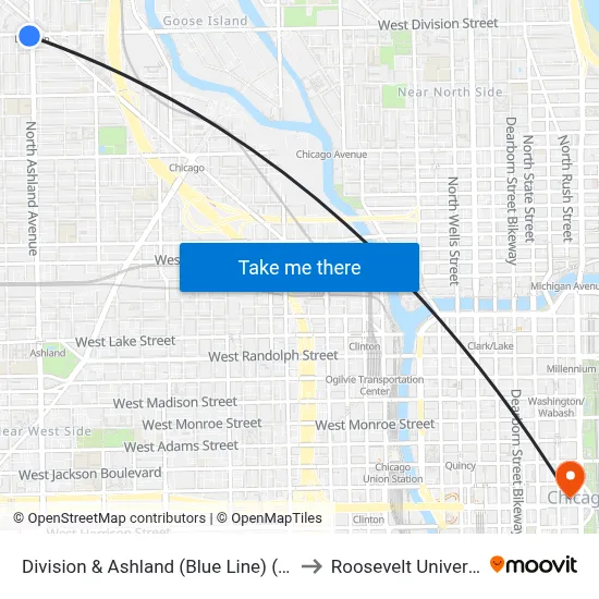 Division & Ashland (Blue Line) (East) to Roosevelt University map