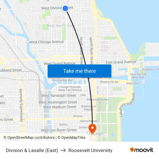 Division & Lasalle (East) to Roosevelt University map