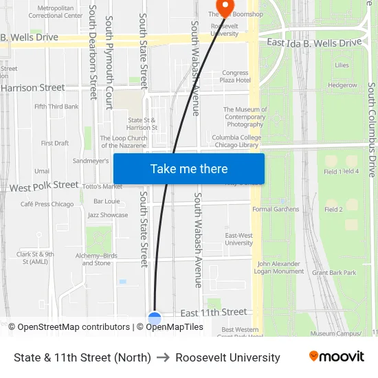 State & 11th Street (North) to Roosevelt University map