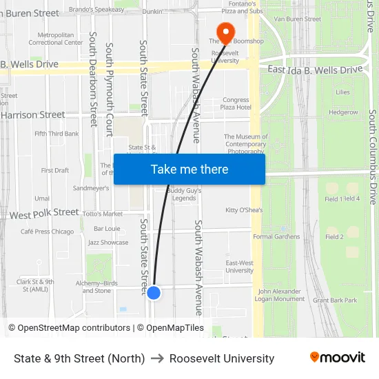 State & 9th Street (North) to Roosevelt University map