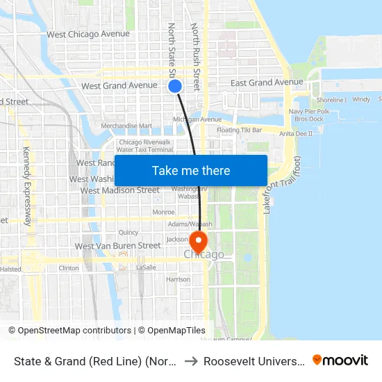 State & Grand (Red Line) (North) to Roosevelt University map