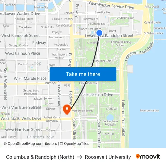 Columbus & Randolph (North) to Roosevelt University map