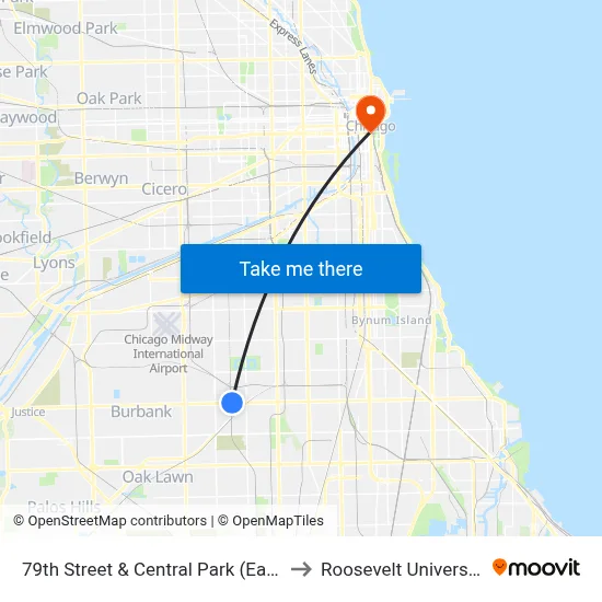 79th Street & Central Park (East) to Roosevelt University map