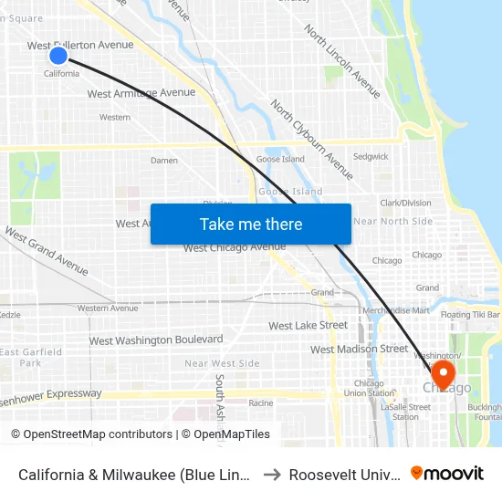 California & Milwaukee (Blue Line) (South) to Roosevelt University map