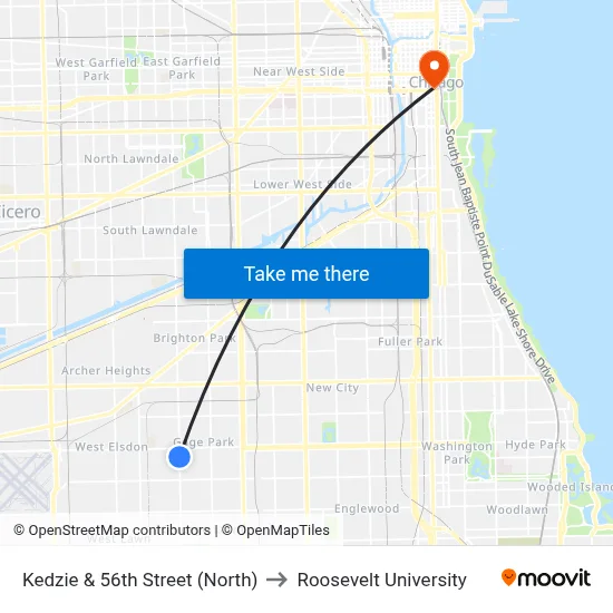 Kedzie & 56th Street (North) to Roosevelt University map