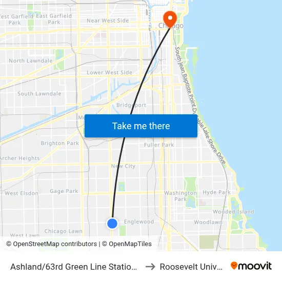 Ashland/63rd Green Line Station (West) to Roosevelt University map