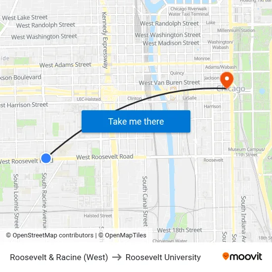 Roosevelt & Racine (West) to Roosevelt University map