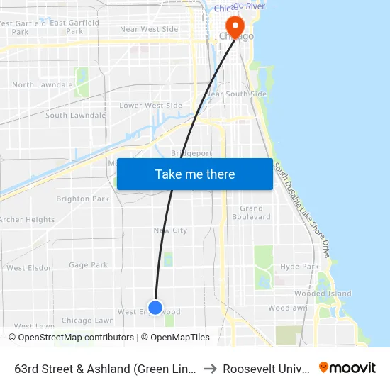 63rd Street & Ashland (Green Line) (East) to Roosevelt University map