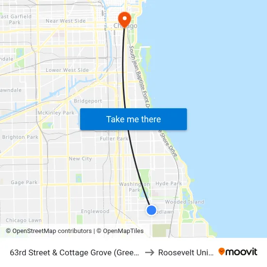 63rd Street & Cottage Grove (Green Line) (East) to Roosevelt University map