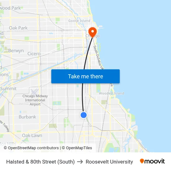 Halsted & 80th Street (South) to Roosevelt University map
