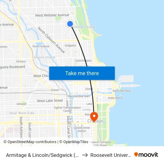 Armitage & Lincoln/Sedgwick (East) to Roosevelt University map