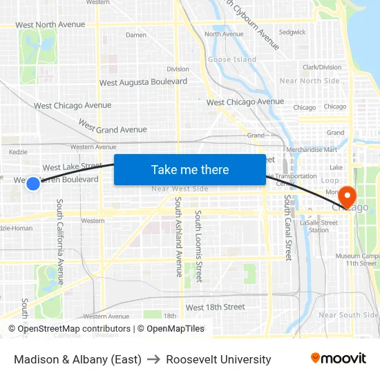 Madison & Albany (East) to Roosevelt University map