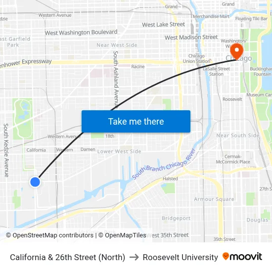 California & 26th Street (North) to Roosevelt University map