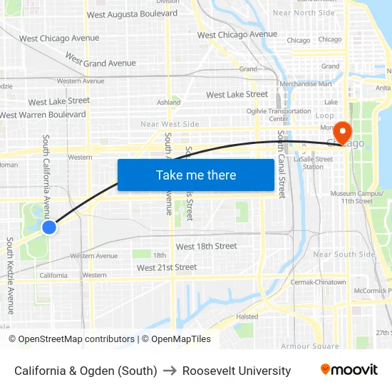 California & Ogden (South) to Roosevelt University map