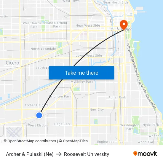Archer & Pulaski (Ne) to Roosevelt University map