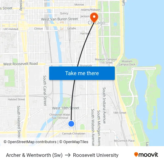 Archer & Wentworth (Sw) to Roosevelt University map