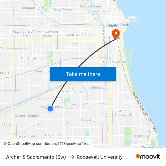 Archer & Sacramento (Sw) to Roosevelt University map