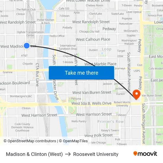 Madison & Clinton (West) to Roosevelt University map