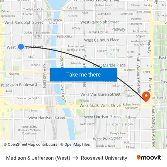 Madison & Jefferson (West) to Roosevelt University map