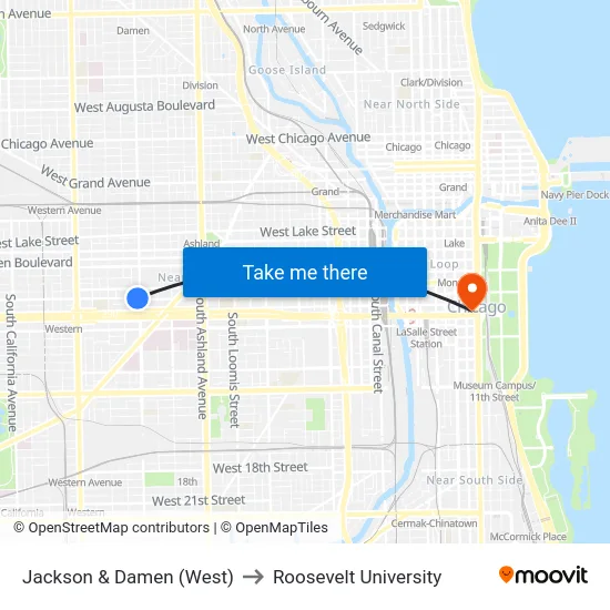 Jackson & Damen (West) to Roosevelt University map