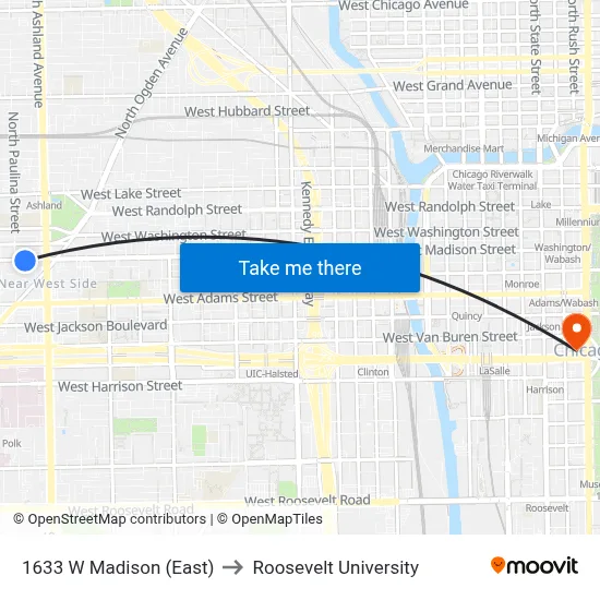 1633 W Madison (East) to Roosevelt University map