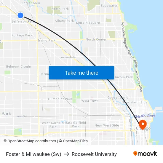 Foster & Milwaukee (Sw) to Roosevelt University map
