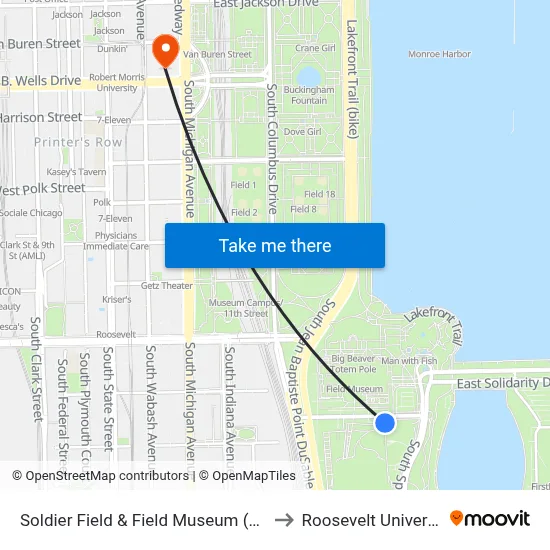 Soldier Field & Field Museum (East) to Roosevelt University map