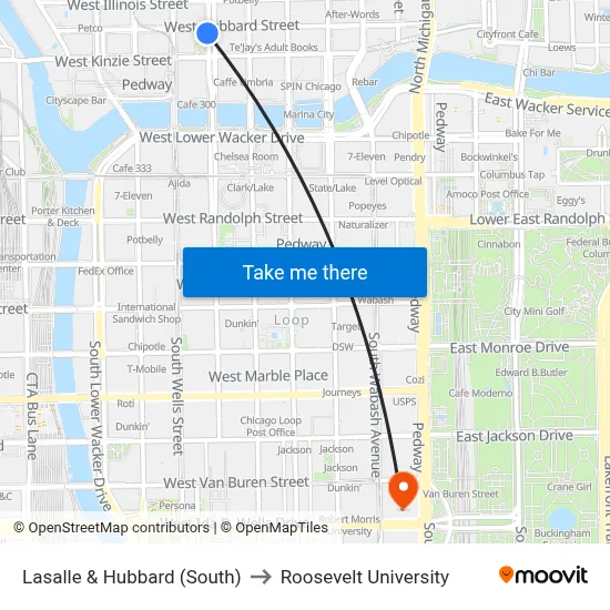 Lasalle & Hubbard (South) to Roosevelt University map