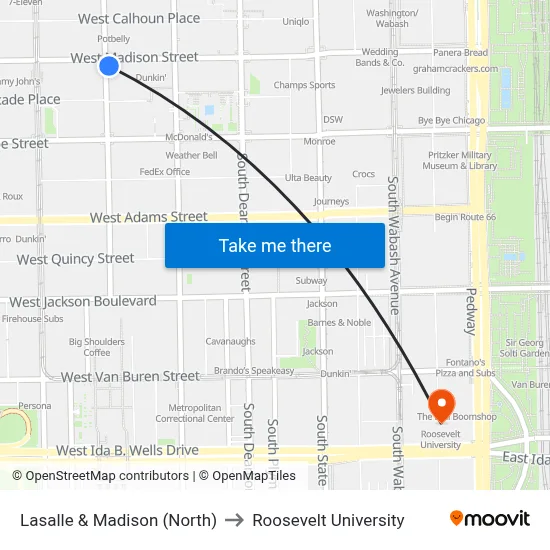 Lasalle & Madison (North) to Roosevelt University map