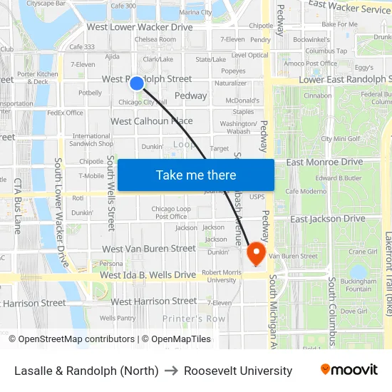 Lasalle & Randolph (North) to Roosevelt University map