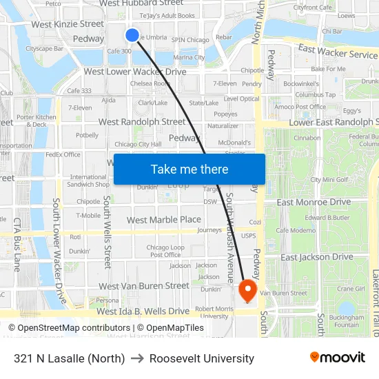 321 N Lasalle (North) to Roosevelt University map