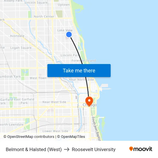 Belmont & Halsted (West) to Roosevelt University map