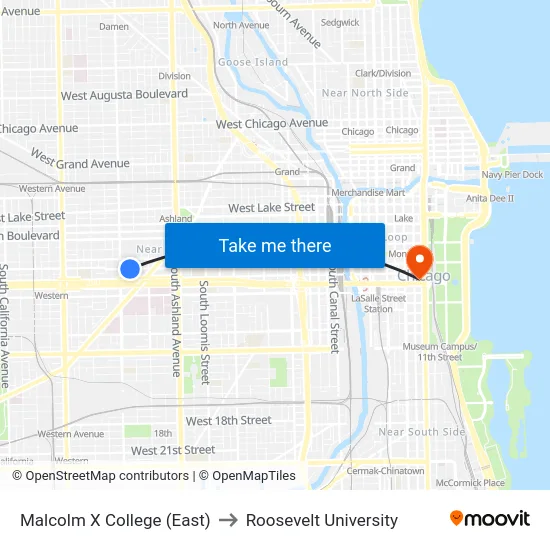Malcolm X College (East) to Roosevelt University map