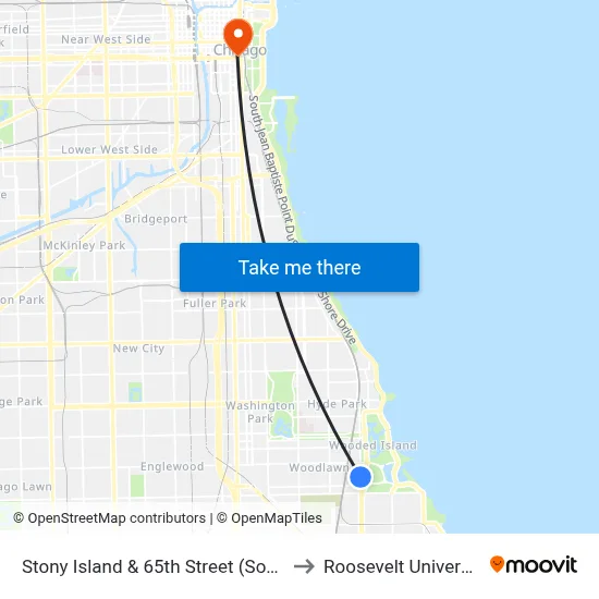 Stony Island & 65th Street (South) to Roosevelt University map