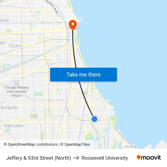 Jeffery & 93rd Street (North) to Roosevelt University map