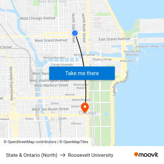 State & Ontario (North) to Roosevelt University map