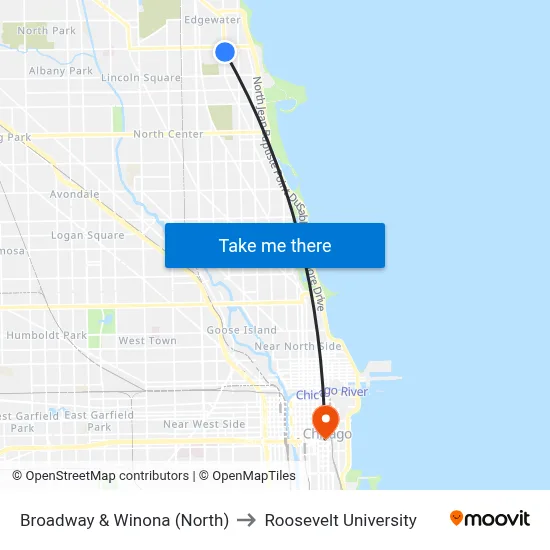 Broadway & Winona (North) to Roosevelt University map
