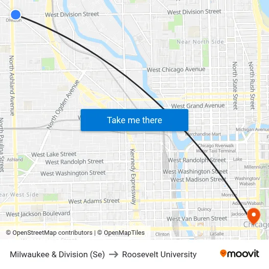 Milwaukee & Division (Se) to Roosevelt University map