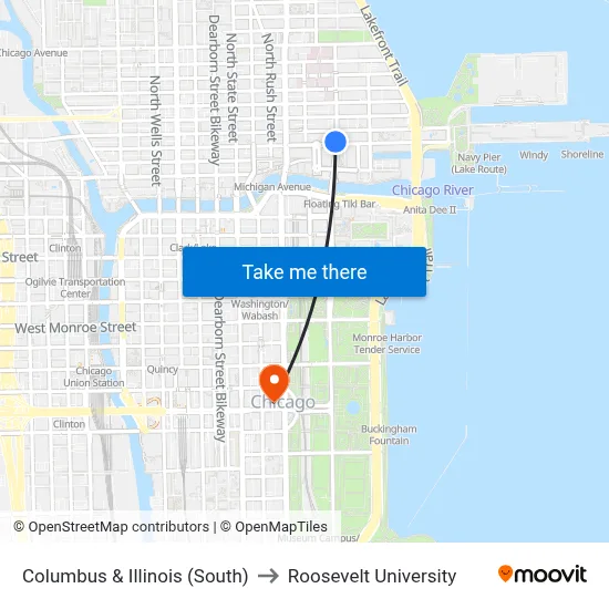 Columbus & Illinois (South) to Roosevelt University map