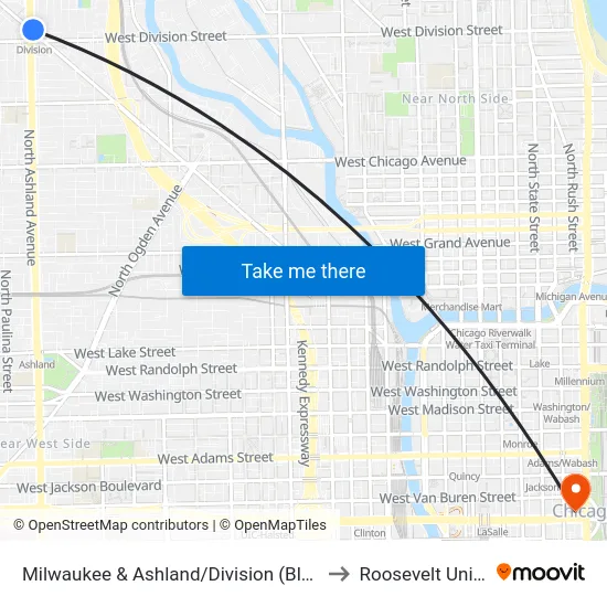 Milwaukee & Ashland/Division (Blue Line) (Nw) to Roosevelt University map
